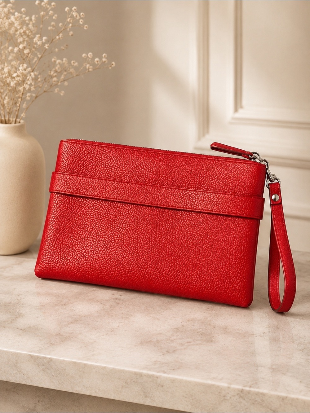 Lancel Paris Red Pebbled Leather Wristlet Clutch Zip Top Pouch